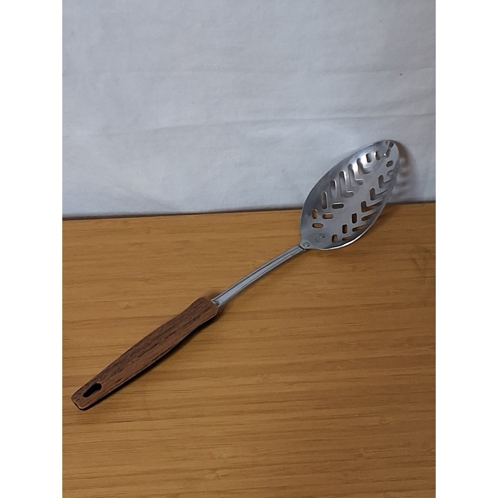 Vintage EKCO USA Stainless Steel Serving Spoon Utensil With Faux Wooden Handle